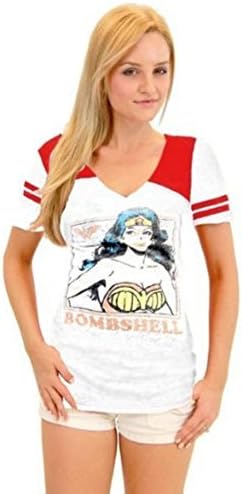 True Vintage Wonder Woman Bombeshell Juniors Burnout White and Red T-shirt with Striped Sleeves (Juniors Medium)