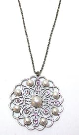Anne Koplik Designs Sterling Silver Plated 16 Inch Pearl Filigree Medallion Necklace
