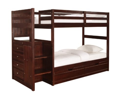 Twin Size Bunk Bed with Chest End Step and Under Bed Unit in Cappuccino Finish
