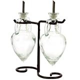 New Olive Oil &Vinegar Colored Glass Bottles, Liquid Dispensers 2pc ~ Two Clear Decorative Amphora Style Bottles with Stainless Spouts & Black Metal Swirl Stand
