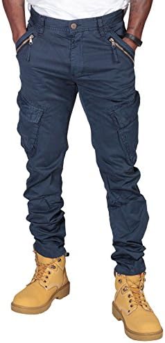 Men's Slim Fit Cargo Pants - Blue Mens Combat Pant Decorative Mock Zip Detail