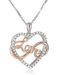 Pink Gold Plating and Sterling Silver Diamond Heart Pendant Necklace, (1/10 cttw, IJ Color, I2-I3 Clarity), 18"