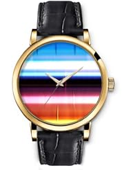 SPRAWL Aanalog Fashion Series Gold Ladies Watches of Genuine Black Leather Strap,Unique Wrist Watch for Women Girls Designed with Color bars