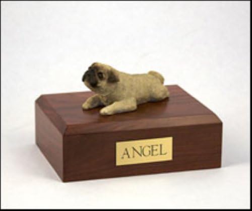 Pug Dog, Pet Cremation Urn - Fawn Pug Figurine on Traditional, Small Sized, Oak Wood Urn. (Listing Is for an Oak Wood ... Please See Color Swatch ... NOT Walnut Wood, As Pictured.)
