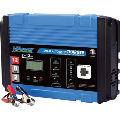 NPower Automatic Battery Charger/Maintainer - 2/8/12 Amp Charge Rate, 12 Volt Batteries