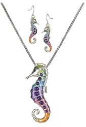Silver-Tone Blue Orange Sea Horse Pendant Popcorn Chain & Matching Earrings By Jewelry Nexus