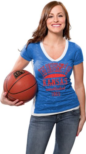 Kansas Jayhawks Women's Royal Side Stripe Jersey Burnout V-neck T-Shirt