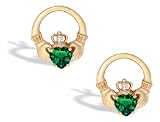 14K Yellow Gold Heart Created Emerald and Diamond Celtic Claddagh Earrings
