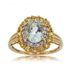 Gold 14K Yellow Ring with Aquamarine, Yellow Beryl, and Diamond Ring