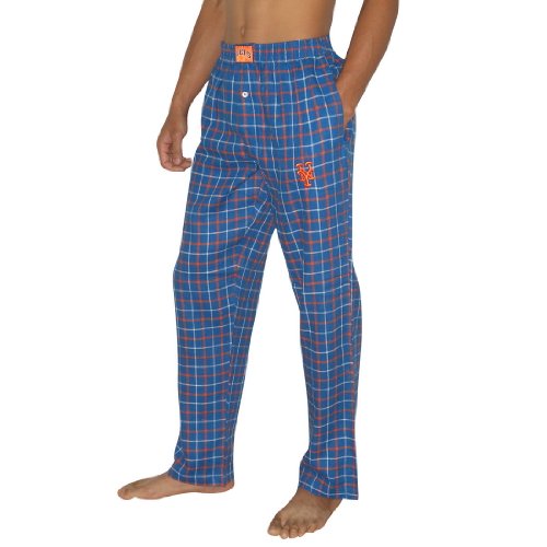 Mens MLB New York Mets Plaid Cotton Thermal Sleepwear / Pajama Pants - Blue & Orange (Size: L)