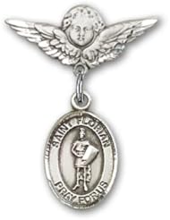 Sterling Silver Baby Badge with St. Florian Charm and Angel with Wings Badge Pin