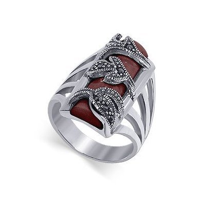 Sterling Silver Band Marcasite Band Simulated Coral Inlay Ring