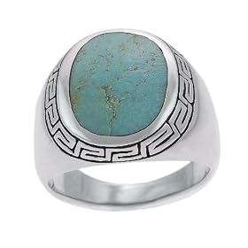 Sterling Silver Mens Greek Key Turquoise Ring