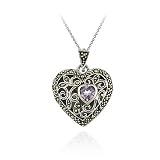 Sterling Silver Marcasite and Amethyst Filigree Heart Locket Pendant
