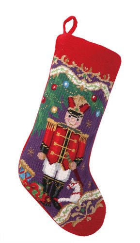 Toy Soldier & Rocking Horse Christmas Stocking, Wool Needlepoint, 11 Inch X 18 Inch