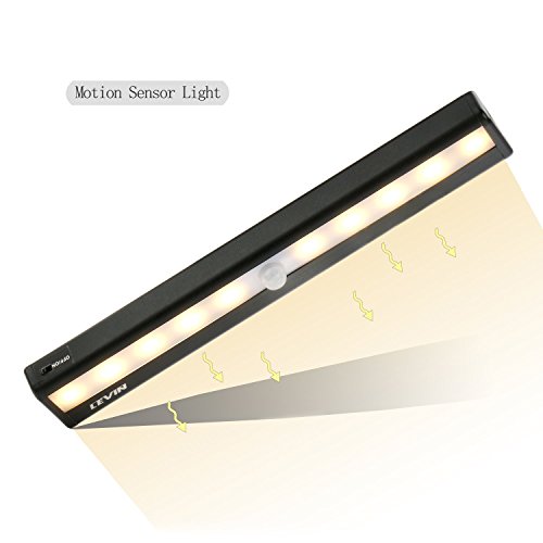 Levin 10 LED Wireless Portable Motion-Activated Sensor Light Bar Stick-On Anyplace with Magnetic Strip Rechargeable Black