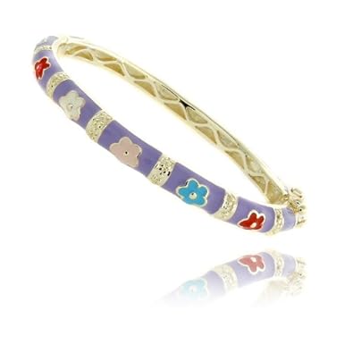 Cheap Girls Jewelry 14k Gold Overlay Childrens Multi-colored Enamel Flower Bangle Bracelet - Purple with Colored Flowers For Sale