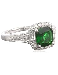 Sterling Silver Simulated Emerald and Diamond Cushion Ring