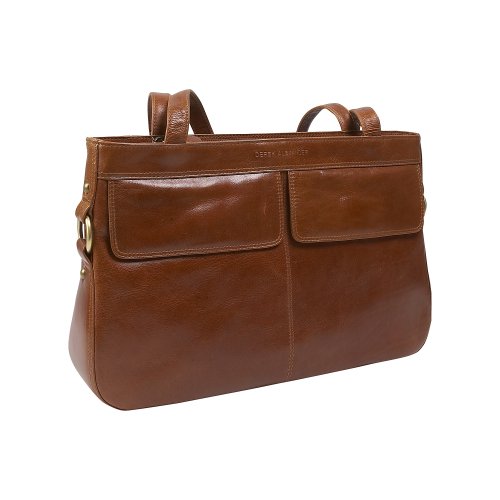 Derek Alexander Leather Top Zip Tote With Double Front Pockets - Tan