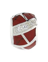 Sterling Silver Synthetic Coral Inlay Barrel Bead Charm, 1/2 inch Diameter