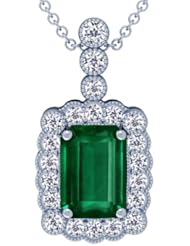 14K White Gold Emerald Cut Emerald And Round Diamond Pendant (GIA Certificate)
