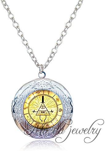PreSea Antique Silver Locket Necklace Gravity Falls Bill Cipher Wheel Pendant Glass Dome Photo Choker Cartoon Necklace Fashion Jewelry