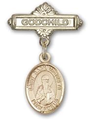 14K Gold Baby Badge with St. Basil the Great Charm and Godchild Badge Pin