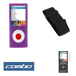 Purple Durable Flexible Soft Silicone Skin Case + Premium Reusable LCD Screen Protector + Elastic Armband for Apple ipod Nano Chromatic 8GB, 16GB 4G 4th Generation