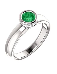 14K White Gold 5.00mm Round Cut Chatham Created Emerald and Diamond Ring -- LIFETIME WARRANTY