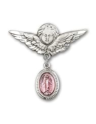 Sterling Silver Baby Badge with Pink Miraculous Charm and Angel with Wings Badge Pin