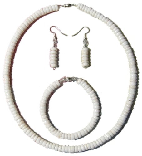 Puka Shell Necklace, Bracelet, and Earring 4pc Set White Hawaiian Choker Surf Puca Surfer Beads Pooka