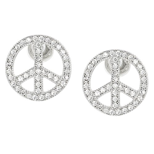 Cubic Zirconia Peace Sign Silvertone Earrings