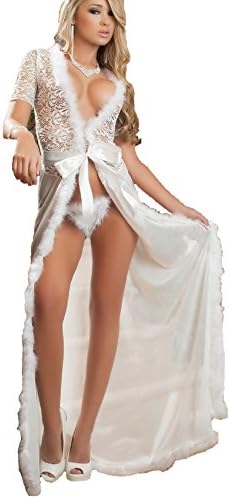 Babydoll Nightwear Lace and Fur Jiont Transparent Sexy Lingerie Long Dress (White)