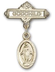14K Gold Baby Badge with Miraculous Charm and Godchild Badge Pin