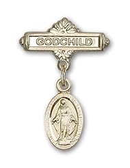 Gold Filled Baby Badge with Miraculous Charm and Godchild Badge Pin