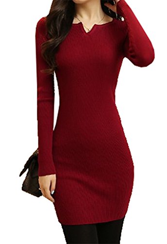FanShou Women Crewneck Knit Sweater Mini Package Hip Bodycon Dress, Black, XXL