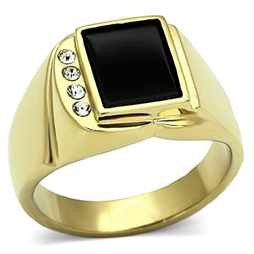 Men's Yellow Gold Plated Jet Black Rectangle Ring