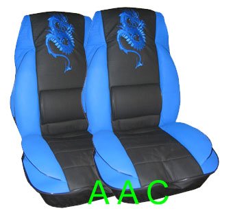 A Set of 2 Front Bucket Dragon Cushion Seat Covers with Lumbar Support - Blue