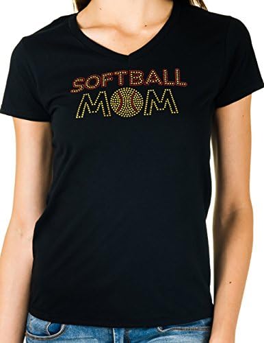 Activewear Apparel Womens Rhinestone 'Softball Mom' V-neck T-shirt (X-Large, Black)