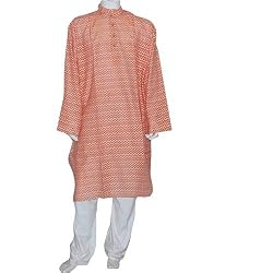 Mens Wedding Dress Woven Kurta Pajama Silk and Cotton Blend Long Loose Shirt and Trousers Expert Hand Stitch Size XL (pgkp004)