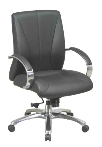 Office Star Deluxe Mid Back Executive Leather Chair with Polished Aluminum Base and Padded Polished Aluminum Arms