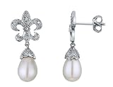 Freswater White Pearl 8 x 6mm Drop Earrings with Fleur de Lys Accent in White Gold