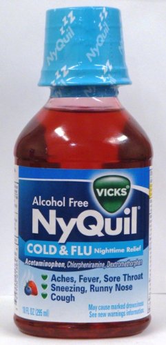 Vicks Alcohol Free NyQuil Cold and Flu Night Time Relief Liquid, Soothing Berry Flavor, 10 Oz (Pack of 3)