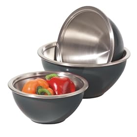 Oggi 3 Piece Stainless Steel Mixing Bowl Set with Plastic Exterior and Airtight Lid, Black