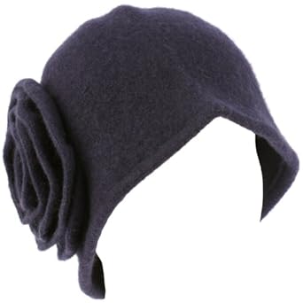 100% Wool Winter Cloche Crushable Foldable Bucket Big Flower Church Hat Navy