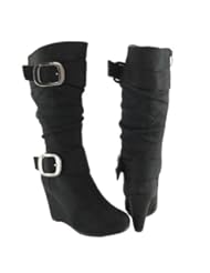 Womens Over the Knee High Faux Suede Wedge Boots Black Size 7 / buckles shoes