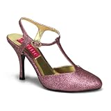 3 1/2 Inch Heel Pink Glitter Sandal Pump Shoes Sexy High Heel T-Strap Shoes