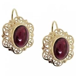 14K Filigree Earrings w/ Cabochon Rhodolite Garnet Gems