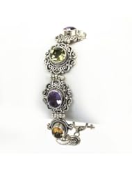 Sterling Silver Bali Style Amethyst, Peridot and Citrine Bezel Set Bracelet 7 Inches
