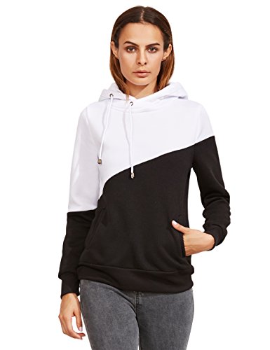 ROMWE Women's Fashion Color Block Pockets Fleece Hooded Sweatshirt